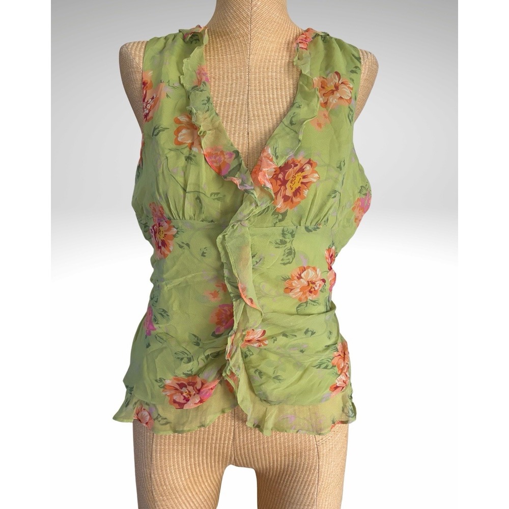 Y2K ICE 100 Silk Cami Top Women Bias Floral Lime Green Asymmetrical Ruffle Sz 12